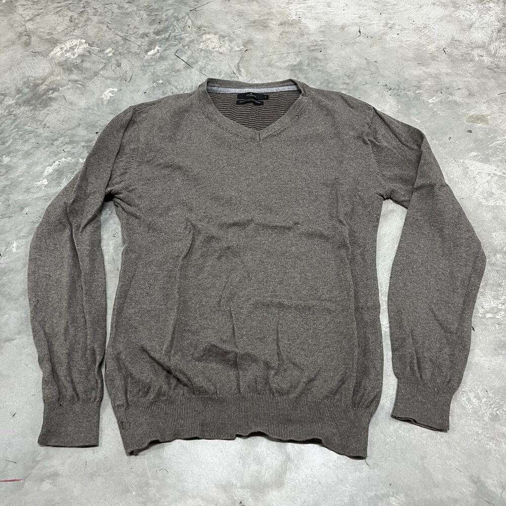 Jeff Banks London Sweater Mens Large Brown Cotton Cashmere V-Neck Jumper Knit